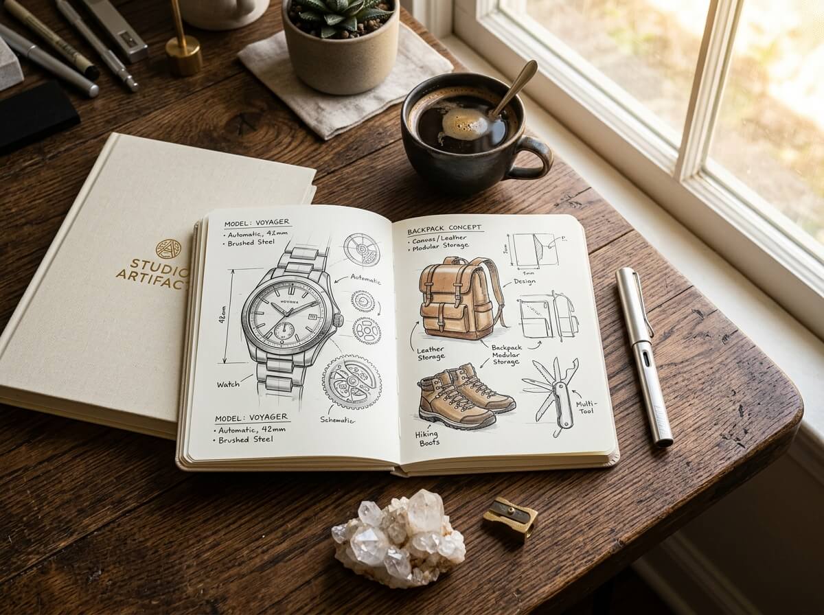 GMP Ventures curated product design studio table showing design sketches, notebook, pen, crystals, and coffee